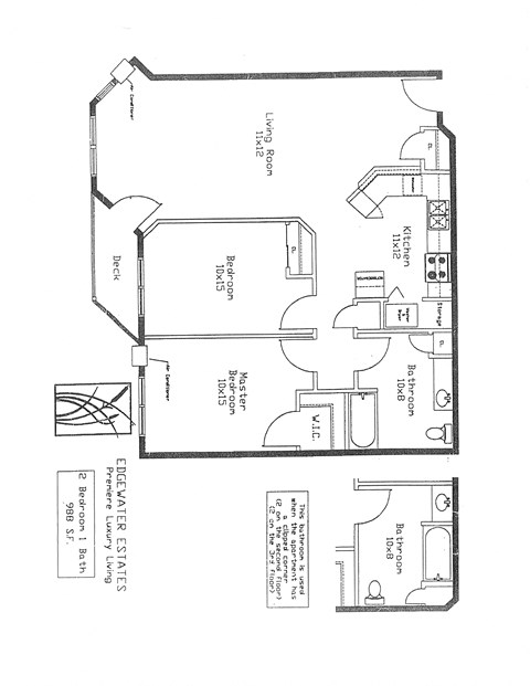 Floor plan for 2 beds, 1 bath, 988 sqft